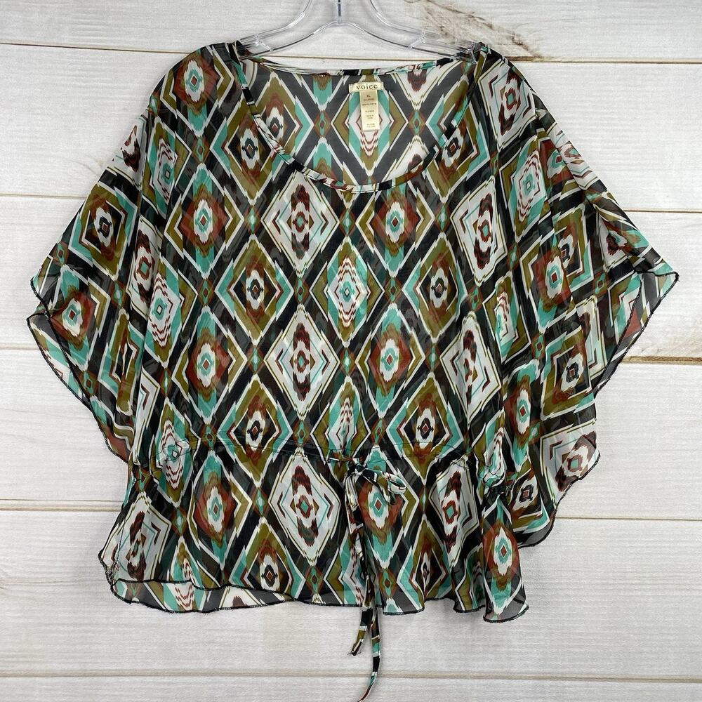 Voice Top Womens XL Colorful Y2K Whimsigoth Sheer Aztec Southwestern Tie Waist
